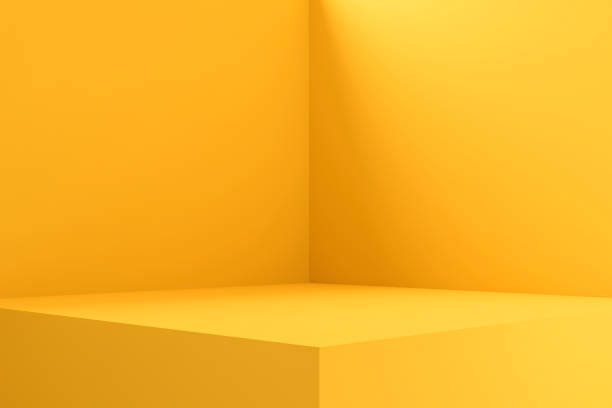 пустой дизайн интерьера комнаты или желтый дисплей пьедестала на ярком фоне с пустым стендом. пустой стенд для показа продукта. 3d рендеринг - render architecture residential structure three dimensional shape стоковые фото и изображения