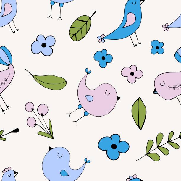 kwiat prosty minimalistyczny bezszwowy wzór graficzny projekt papieru, druku tekstylnego, wypełnienia strony. kwiatowe tło z ręcznie rysowanymi dzikimi kwiatami, ziołami i liśćmi. - spring birdsong bird seamless stock illustrations