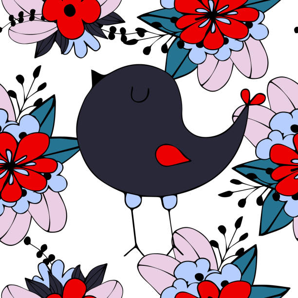 kwiat prosty minimalistyczny bezszwowy wzór graficzny projekt papieru, druku tekstylnego, wypełnienia strony. kwiatowe tło z ręcznie rysowanymi dzikimi kwiatami, ziołami i liśćmi. - spring birdsong bird seamless stock illustrations