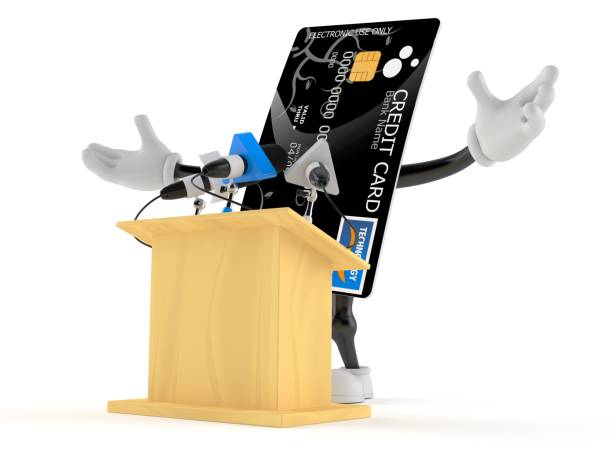 istock Credit card character gives a presentation 1205663203