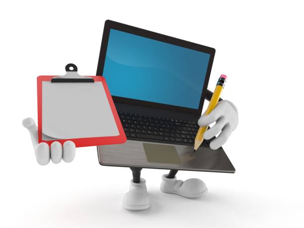 istock Laptop character holding clipboard and pencil 1205664978