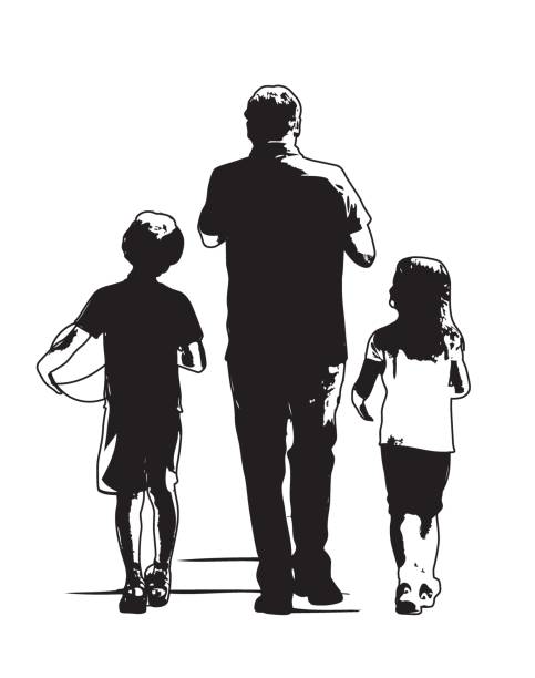 Dad and Two Kids Walking Away A father and his two children walking with a ball in hand walking drawings stock illustrations