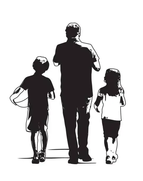 Vector illustration of Dad and Two Kids Walking Away