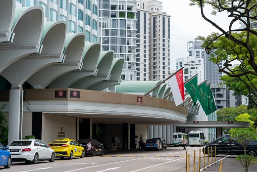 Singapore, Singapore - February 12, 2020: view of the main entrance of the Shangri-La Hotel host of the Shangri-La Dialogue