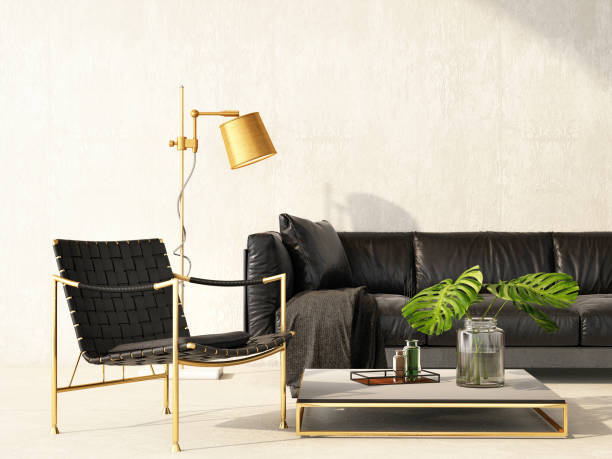 istock interior design with black leather sofa on concrete wall and concrete floor,3d illustration.3d rendering 1205667721