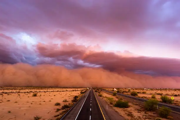 A dense haboob dust storm ahead of a monsoon thunderstorm in the Arizona desert.
