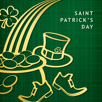 Celebrate St. Patrick's Day with gold colored icon set outline of leprechaun hat, shoes boot, pot of gold, coins, rainbow and shamrock on the green checked pattern