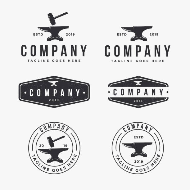 vintage-logo-set von amboss schmied, industrielle identität - blacksmith stock-grafiken, -clipart, -cartoons und -symbole