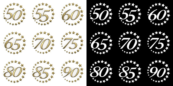 Set of numbers from fifty to ninety. Anniversary celebration design with a circle of Golden stars on a white background with shadow and alpha channel. 3D illustration