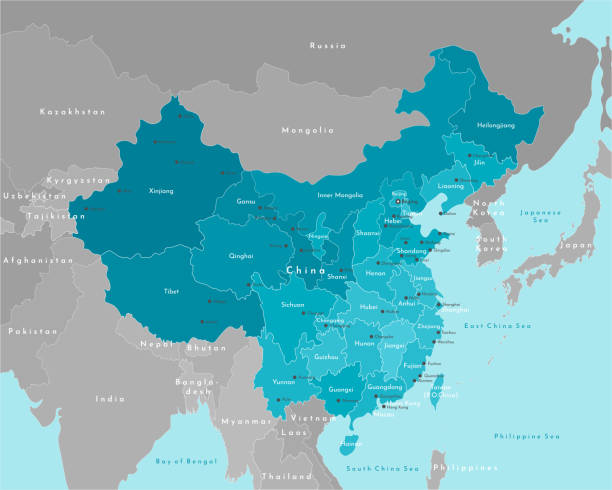 ilustraciones, imágenes clip art, dibujos animados e iconos de stock de ilustración moderna vectorial. mapa geográfico simplificado de china y los estados más cercanos del continente. fondo azul de mares. nombres de las ciudades (pekín, hong kong) y provincias - hubei province