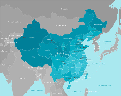 Vector modern illustration. Simplified geographical  map of China and nearest states on continent. Blue background of seas. Names of the cities (Beijing) and provinces.