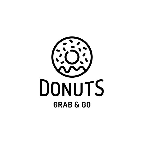Donut Logo Design Template Donut logo design template. Vector sweet doughnut logotype background.  Glaze dessert sign for cafe, restaurant, stall. Grab and go concept. Line candy food label illustration donuts stock illustrations