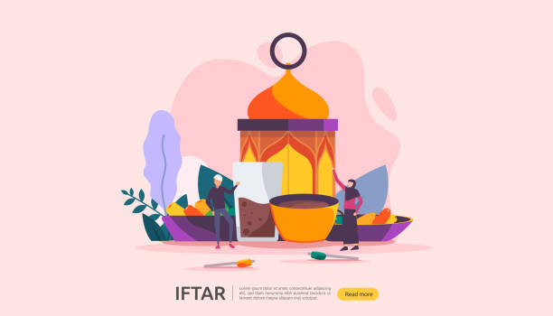 Iftar Eating After Fasting feast party concept. Moslem family dinner on Ramadan Kareem or celebrating Eid with people character. web landing page template, banner, presentation, social or print media Iftar Eating After Fasting feast party concept. Moslem family dinner on Ramadan Kareem or celebrating Eid with people character. web landing page template, banner, presentation, social or print media fasting activity illustrations stock illustrations