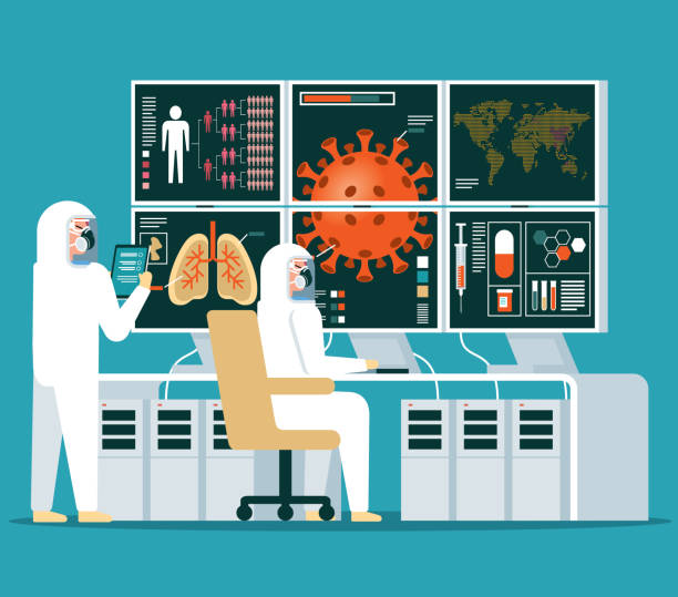 laboratorium - analiza - coronavirus - radiation protection suit biology danger biochemical warfare stock illustrations