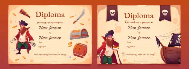 Vector illustration of Vector diploma with pirate theme for kids