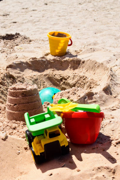 istock Children's beach toys on sand on a sunny day. 1205694627