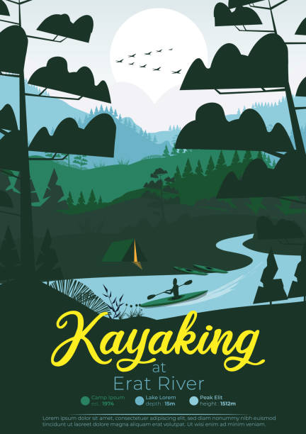 ilustrações de stock, clip art, desenhos animados e ícones de flat minimal kayaking poster with pine forest, and mountains - rafting on a mountain river