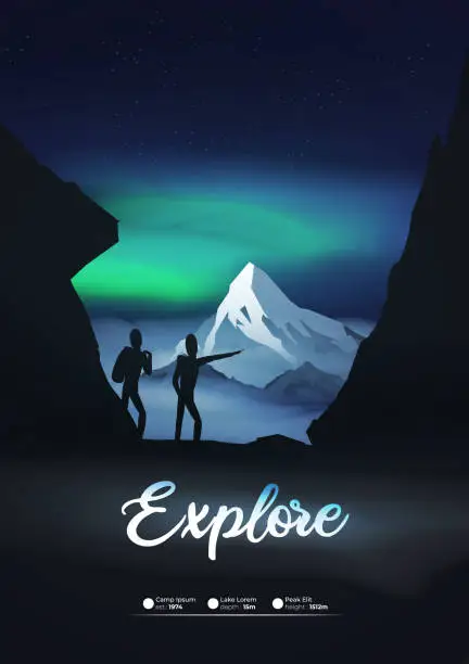 Vector illustration of Night in mountains with explore sign poster with hikers,climbers