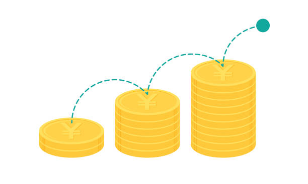 ilustrações, clipart, desenhos animados e ícones de bola quicando na pilha de iene japonês de ouro ou moedas chinesas de yuan. conceito de crescimento de negócios. - coin china japanese currency finance