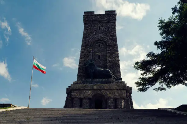 Photo of Hill with Bulgarian monument Shipka Liberty day Historical memorial Selective focus