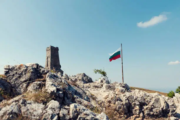 Photo of Hill with Bulgarian monument Shipka Liberty day Historical memorial Selective focus