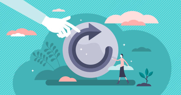 Refresh concept, flat tiny person vector illustration Refresh concept, flat tiny person vector illustration. Restart project with a new vision or rework the strategy. Renew life goals and direction. Reload new system updates abstract stylized symbol. replay stock illustrations