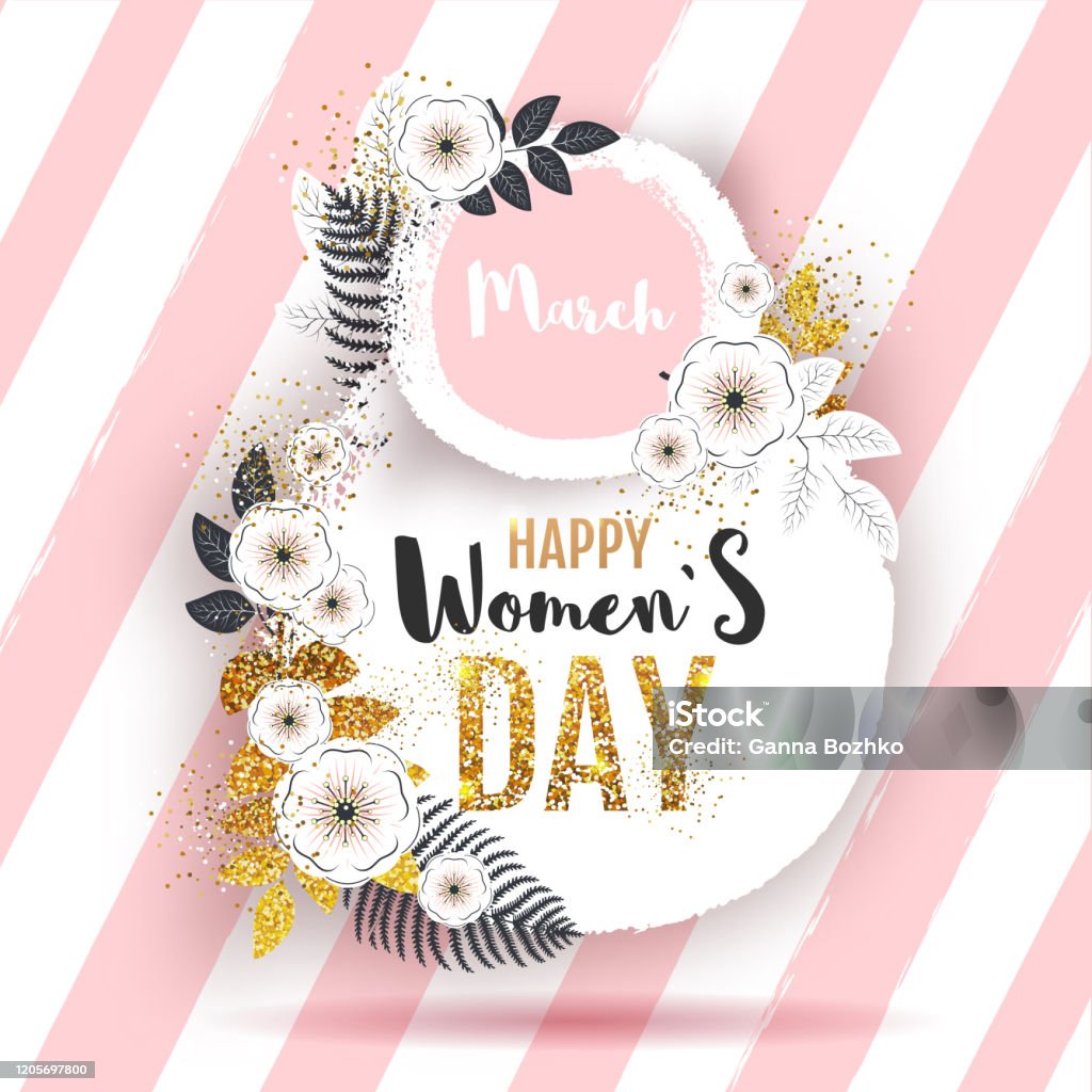 Ilustración de Cartel Del Día De La Mujer Con Flores De Flores Completas Y Hojas Doradas 8 De Marzo Fondo De Flores De Primavera y más Vectores Libres de Derechos de Abril - Ilustración de Cartel Del Día De La Mujer Con Flores De Flores Completas Y Hojas Doradas 8 De Marzo Fondo De Flores De Primavera y más Vectores Libres de Derechos de Abril -