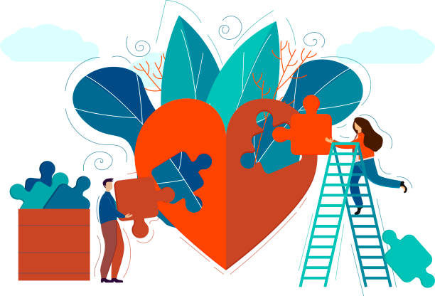 istock People create a puzzle heart for the Valentine's day. Valentine card, poster, congratulation for 14 february. Love concept. Heart flat icon. Template for banner. Vector illustration 1205699512