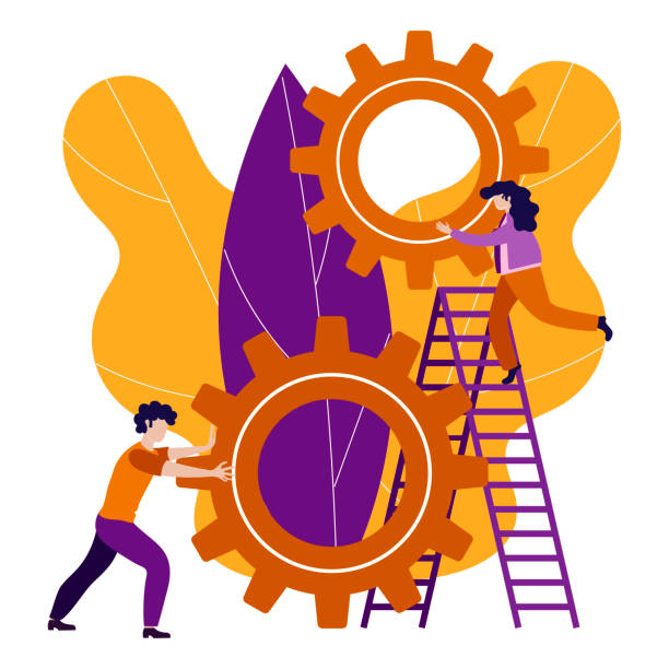 istock Business concept vector illustration, partnership concept. Man and woman are building a business process. A woman stands on the stairs and holds a gear. Building a business strategy 1205699582