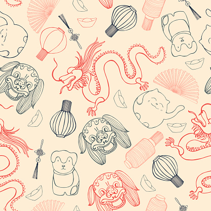 Chinese  vector seamless pattern.  Hand drawn sketch illustration