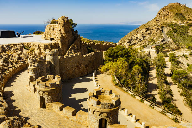 Tourist destination. Battery de Castillitos in Spain Cartagena, Cabo Tinoso. Fortifications facade imitating medieval castle. Defensive architecture.