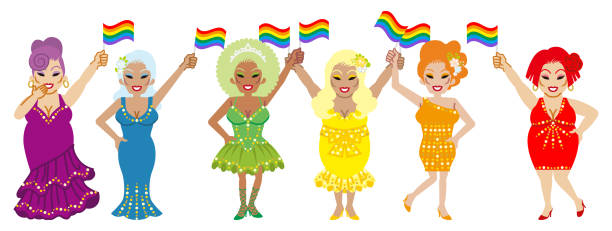 illustrations, cliparts, dessins animés et icônes de six drag queens retenant des drapeaux d’arc-en-ciel - art de concept de défilé lgbt - travesty