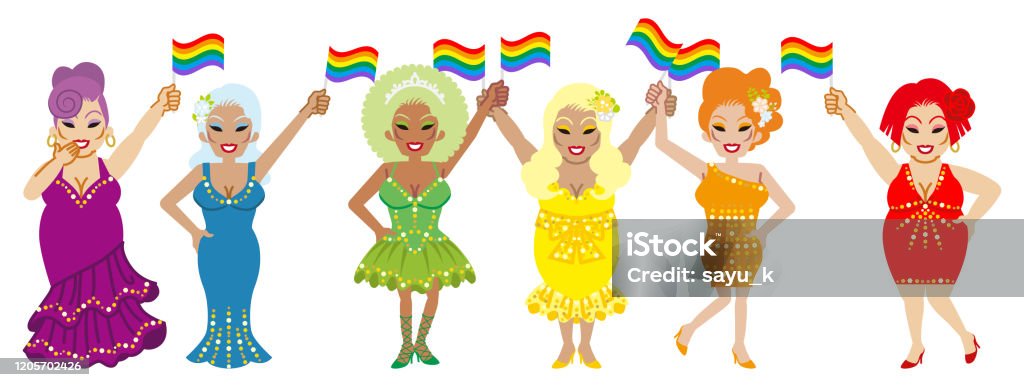 Six Drag Queens Holding Rainbow Flags Lgbt Parade Concept Art Stock  Illustration - Download Image Now - iStock