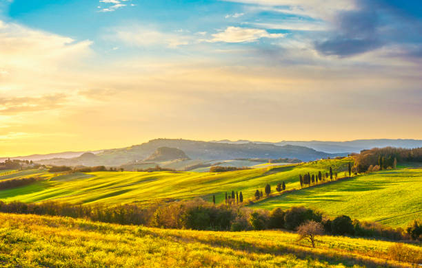 istock Volterra panorama, rolling hills, green fields and white road. Tuscany, Italy 1205706963