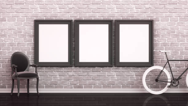 istock 3D Indoor, living room with empty frame on brick wall 1205712735