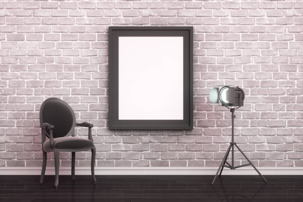 istock 3D Indoor, living room with empty frame on brick wall 1205713200