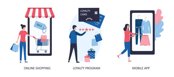 ilustrações de stock, clip art, desenhos animados e ícones de online shopping, loyalty program, mobile app. concepts of e-commerce, customer acquisition, discounts, loyalty cards, purchases in a mobile application. flat vector illustration isolated on white back - ipad shopping gift retail