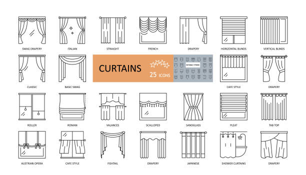Set window curtains 25 icons with editable stroke. French, Austrian, Japanese, classic curtains, blinds, drapery, wicker, for the bathroom. Thin symbols for interior design, textiles shop. Set window curtains 25 icons with editable stroke. French, Austrian, Japanese, classic curtains, blinds, drapery, wicker, for the bathroom. Thin symbols for interior design, textiles shop. curtain stock illustrations