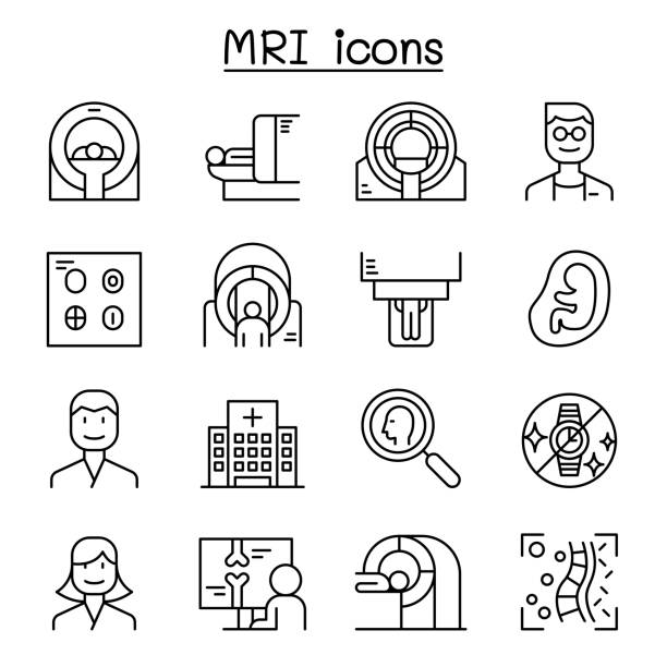 ikona diagnostyczna mri ustawiona w cienkim stylu liniowym - x ray equipment x ray machine radiation stock illustrations