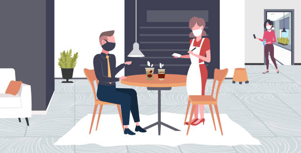 waitress taking order from client in mask to prevent epidemic MERS-CoV wuhan 2019-nCoV pandemic health risk concept cafe interior full length horizontal waitress taking order from client in mask to prevent epidemic MERS-CoV wuhan 2019-nCoV pandemic health risk concept cafe interior full length horizontal vector illustration restaurant masks stock illustrations