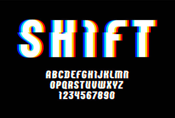 ilustrações de stock, clip art, desenhos animados e ícones de alphabet of distorted glitch effect. shifted modern white font, latin letters from a to z and numbers from 0 to 9 with effect sliced. - missing in action