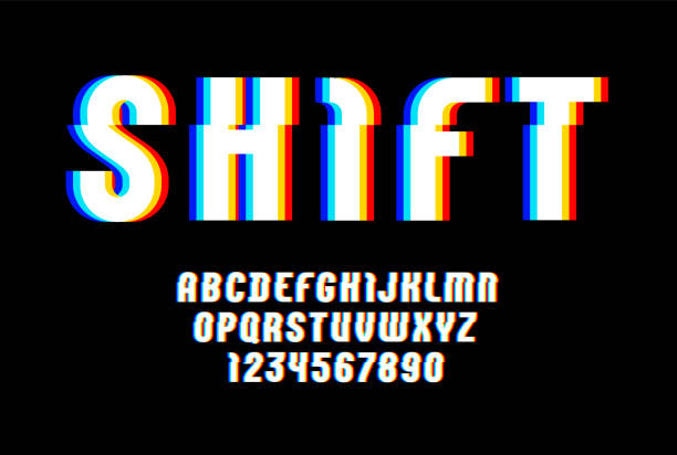 Alphabet of distorted glitch effect. Shifted modern white font, latin letters from A to Z and numbers from 0 to 9 with effect sliced. Alphabet of distorted glitch effect. Shifted modern white font, latin letters from A to Z and numbers from 0 to 9 with effect sliced. changing focus stock illustrations