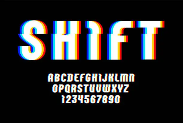 Vector illustration of Alphabet of distorted glitch effect. Shifted modern white font, latin letters from A to Z and numbers from 0 to 9 with effect sliced.