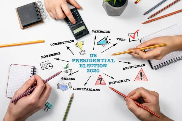 Photo of US Presidential Election 2020 concept. Chart with keywords and icons
