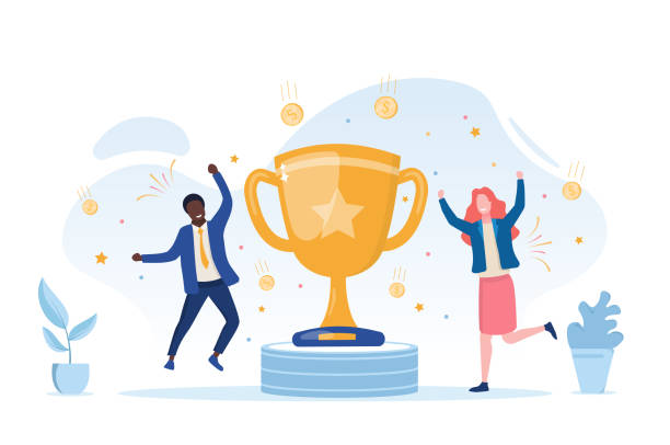 Young businessman and woman reaping the reward Young businessman and woman reaping the reward for their achievements celebrating and cheering on either side of a gold cup, vector illustration employee illustrations stock illustrations
