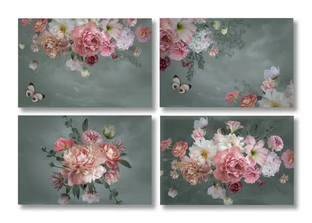 Business cards set. Floral templates with place for text. Beautiful garden flowers and butterflies. Luxurious baroque bouquets. Peonies, roses, tulips. Luxury design.