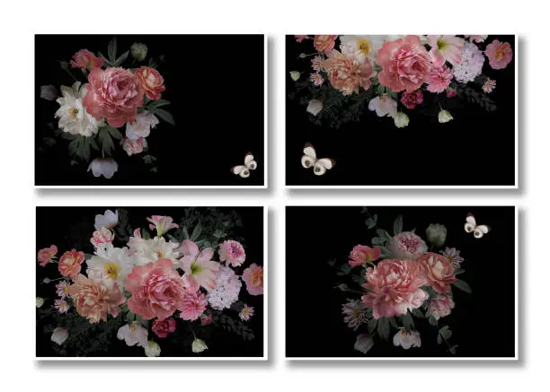 Business cards set. Floral templates with place for text. Beautiful garden flowers and butterflies on a black background. Luxurious baroque bouquets. Peonies, roses, tulips. Luxury design.