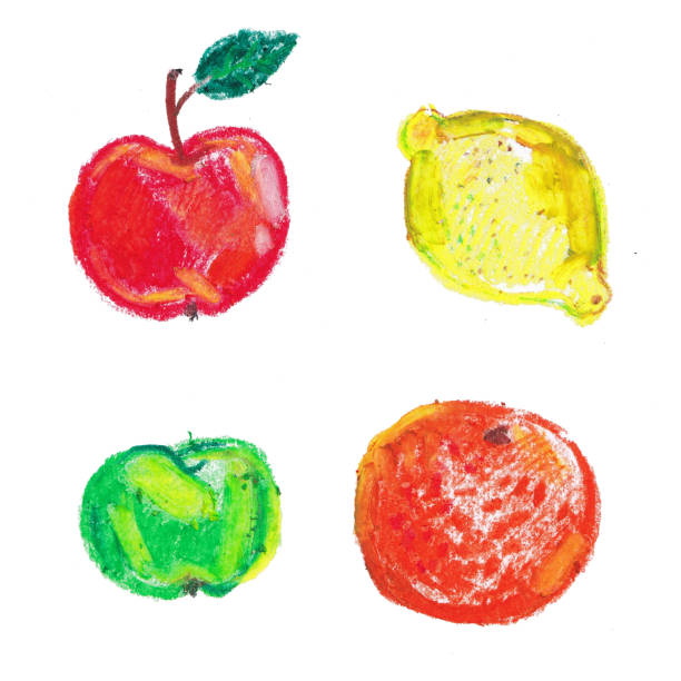 istock illustration with a set of fruits, Apple, lemon, orange 1205716141