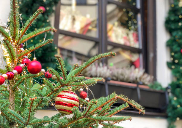 istock decorated Christmas tree in front of a window at street 1205716349