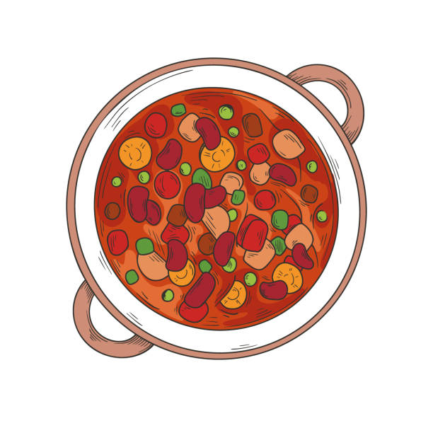 ilustraciones, imágenes clip art, dibujos animados e iconos de stock de sopa de cocina italiana. minestrone. plato con sopa aislada sobre un fondo blanco. ilustración vectorial - minestrone